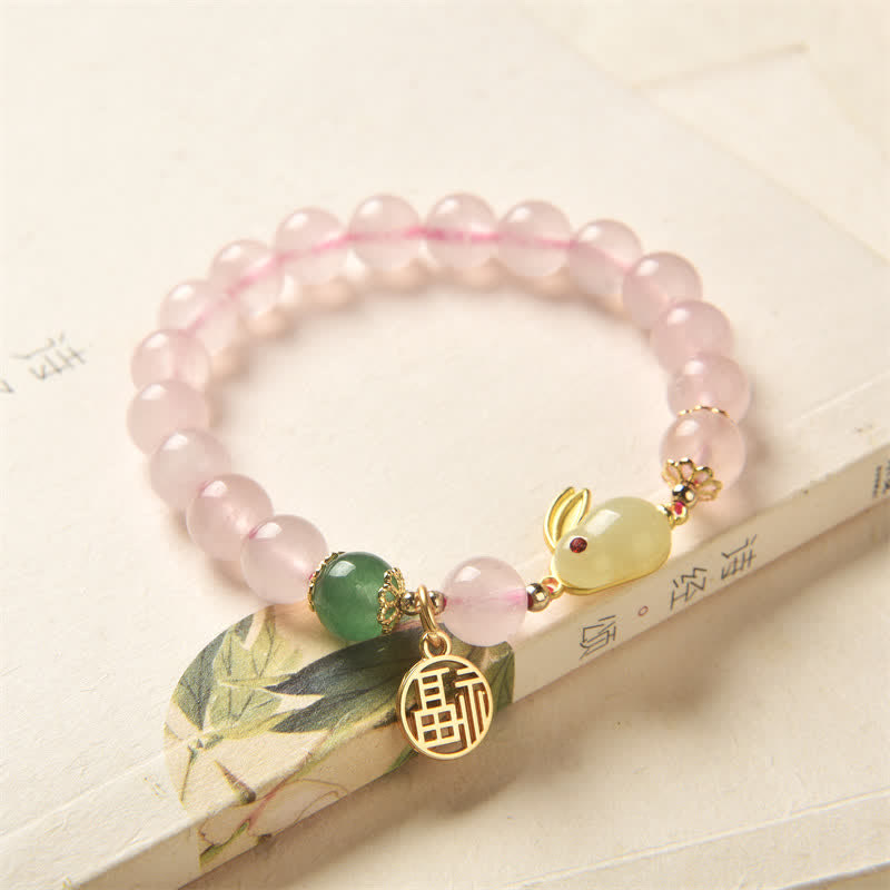Year of the Rabbit Natural Pink Crystal Green Agate Bunny Love Happiness Bracelet - image 1