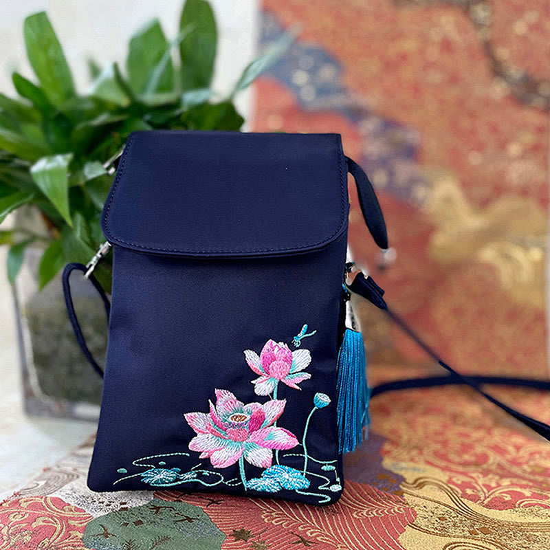 Buddha Stones Waterproof Handmade Embroidered Lotus Flowers Crossbody Bag Shoulder Bag Cellphone Bag - image 21