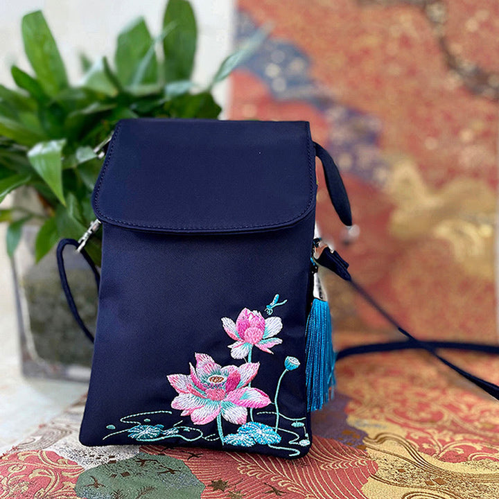 Buddha Stones Waterproof Handmade Embroidered Lotus Flowers Crossbody Bag Shoulder Bag Cellphone Bag - image 21
