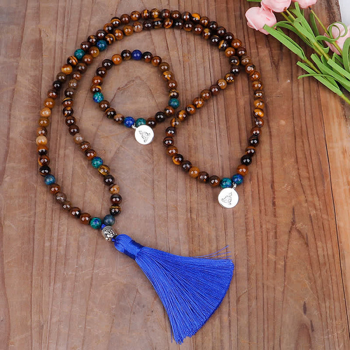 Buddha Stones 108 Mala Beads Tiger Eye Buddha Strength Bracelet Tassel Necklace Pendant - image 0