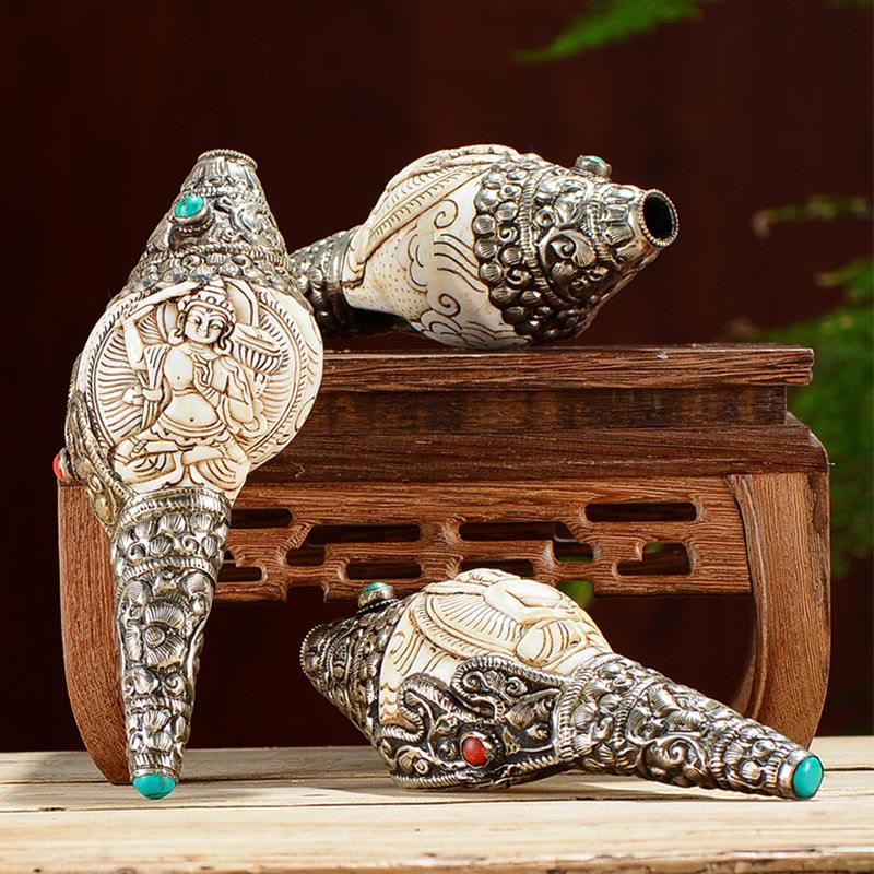 Tibetan Handmade Engraved Shankha Buddha Conch Shell Wealth Positive Decoration - image 0