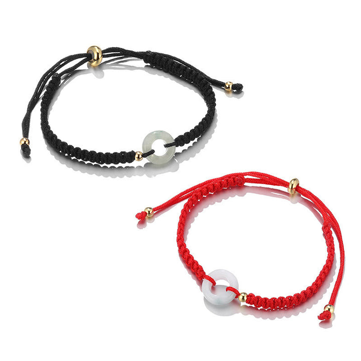 Buddha Stones 2Pcs Green Aventurine White Jade Peace Buckle Luck Braided Couple Bracelet - Peace Buckle&Black and Red String(Wrist Circumference 14-20cm) - image 18