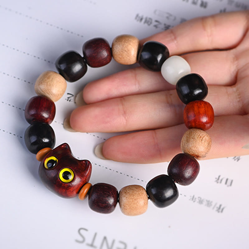 Buddha Stones Small Leaf Red Sandalwood Ebony Wood Cute Cat Engraved Protection Bracelet - image 18