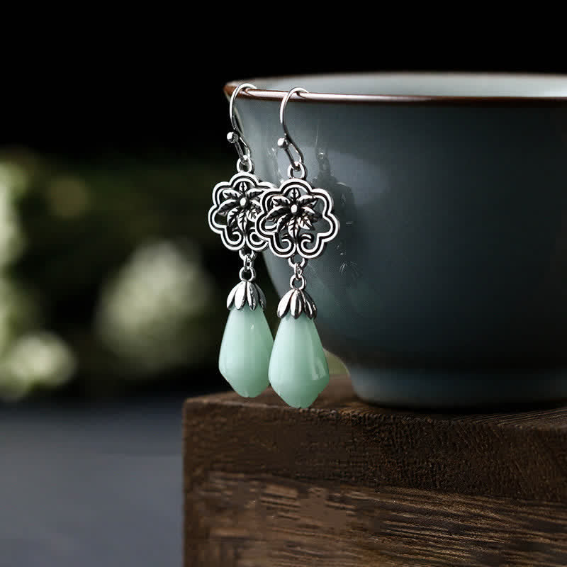 Buddha Stones Magnolia Flower Jade Water Drop Prosperity Dangle Earrings - Jade(Prosperity♥Abundance) - image 0