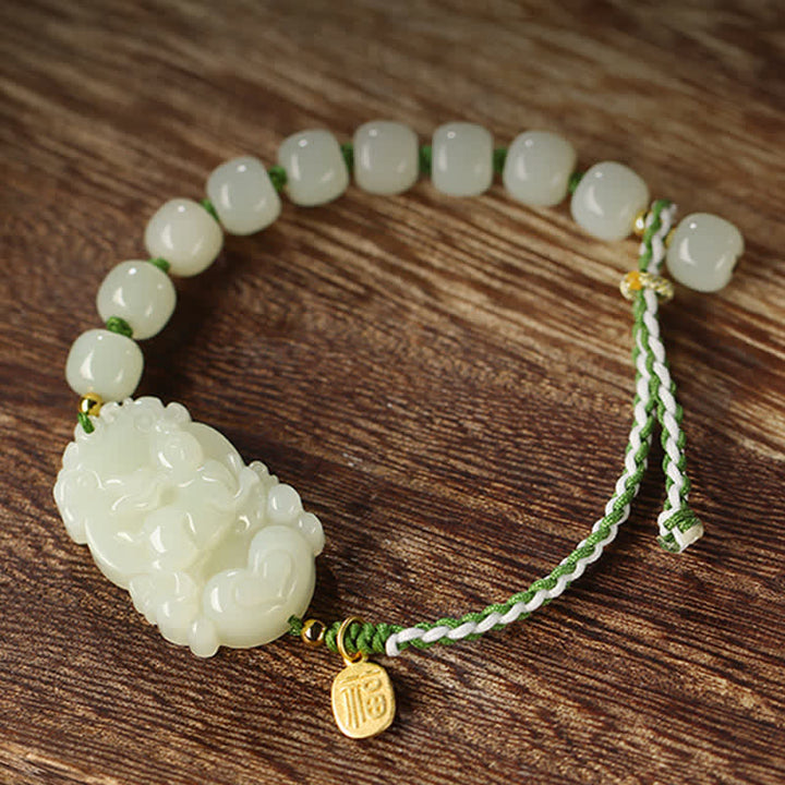Buddha Stones 925 Sterling Silver Chinese Zodiac Hetian Jade Happiness Luck String Bracelet - image 1