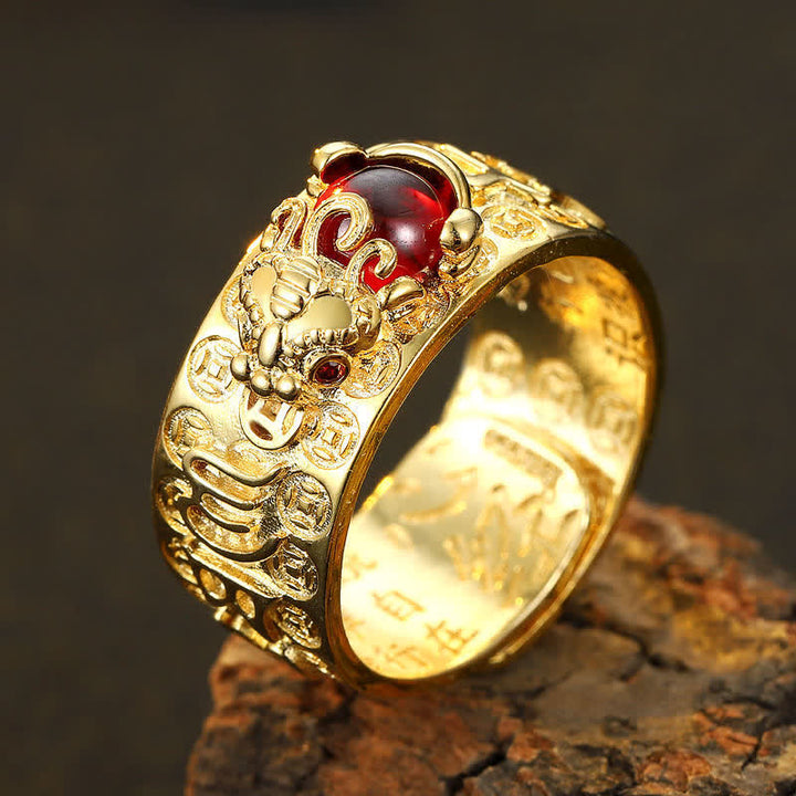 Buddha Stones FengShui PiXiu Red Garnet Heart Sutra Wealth Ring - image 0