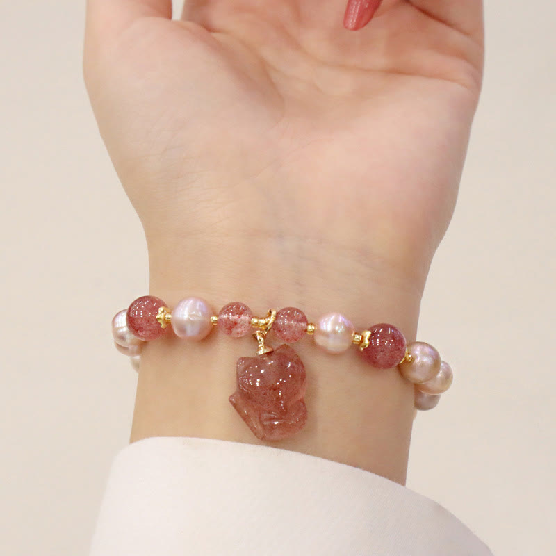 Buddha Stones Natural Pearl Strawberry Quartz Cute Fox Love Healing Charm Bracelet - image 6