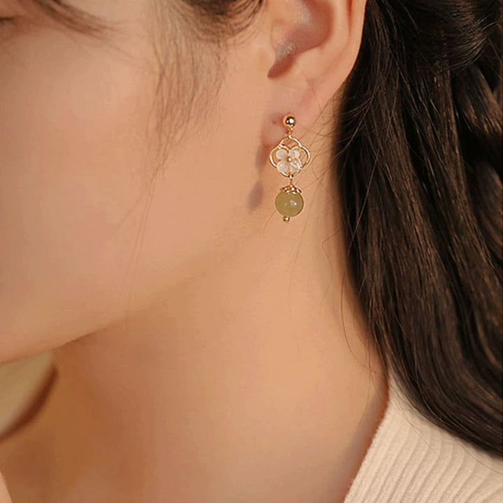 Buddha Stones Tridacna Stone Flower Jade Bead Blessing Drop Earrings - image 6