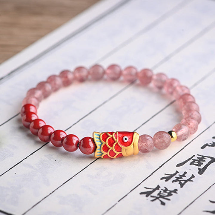 Buddha Stones Natural Strawberry Quartz Cinnabar Lucky Koi Fish Healing Bracelet - image 16