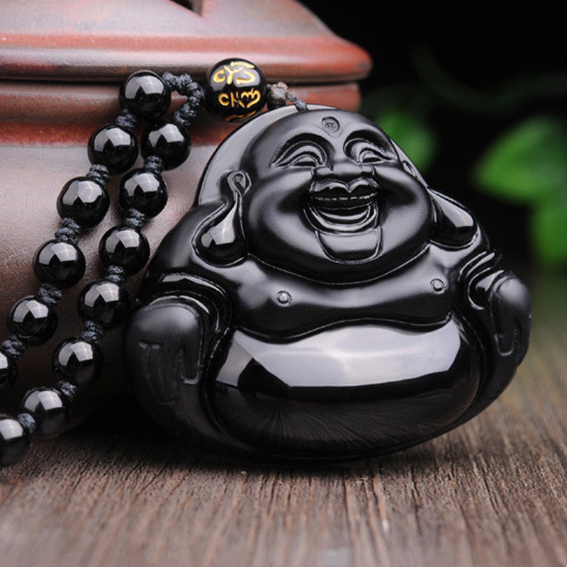 Buddha Stones Laughing Buddha Black Obsidian Transformation Pendant Necklace - image 1