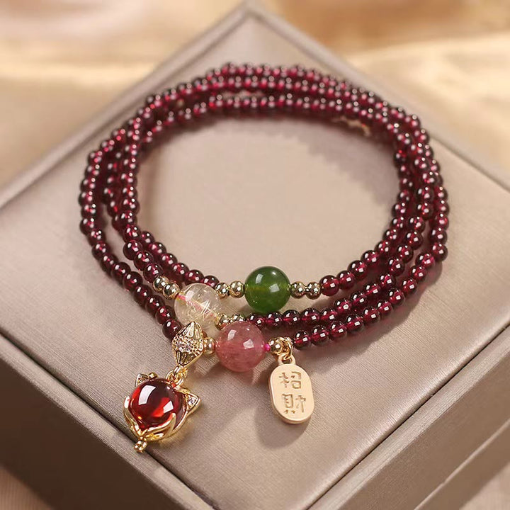 Buddha Stones Natural Garnet Strawberry Quartz Crystal Fox Koi Fish Peace Buckle Fortune Protection Triple Wrap Bracelet - image 1
