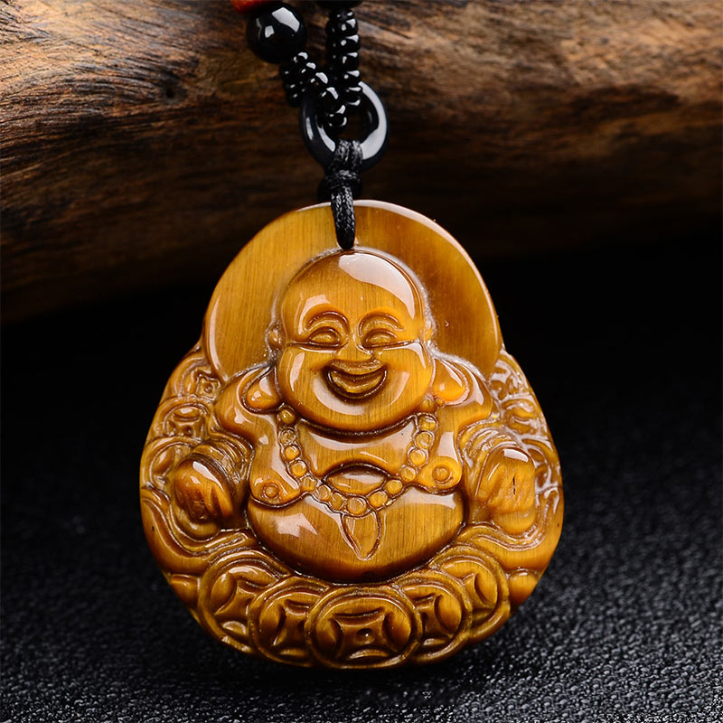 Buddha Stones Tiger's Eye Laughing Buddha Blessing Necklace - image 1