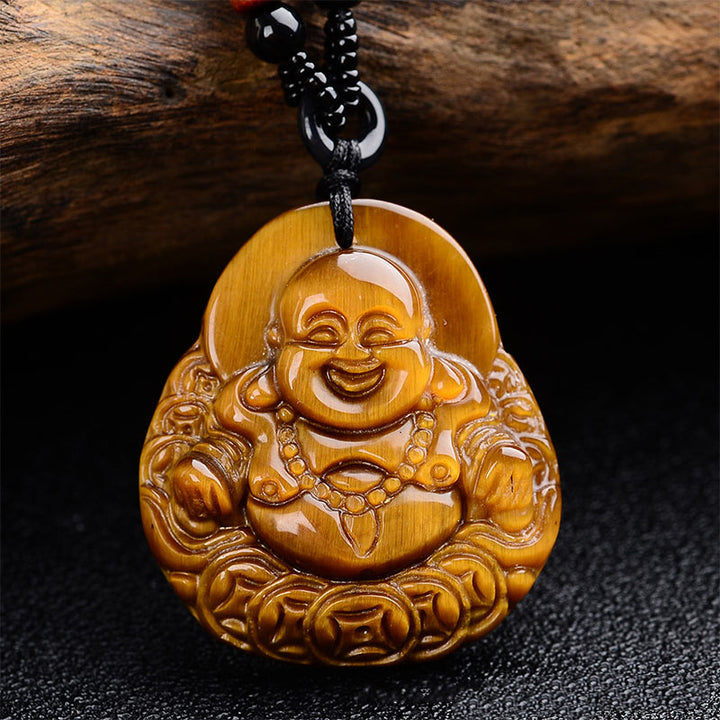 Buddha Stones Tiger's Eye Laughing Buddha Blessing Necklace - image 1