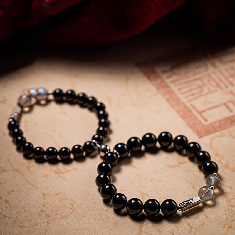 Buddha Stones 925 Sterling Silver Obsidian Moonstone Strength Couple Bracelet - image 13