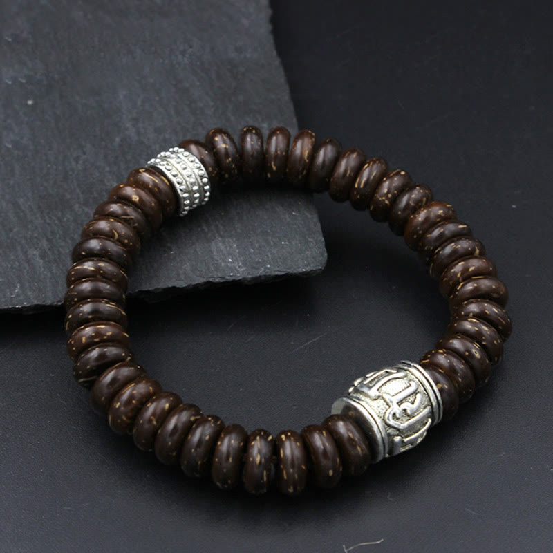 Buddha Stones Natural Tibetan Coconut Shell Om Mani Padme Hum Positive Bracelet - Brown Coconut Shell&White Silver - 18-20cm - image 21