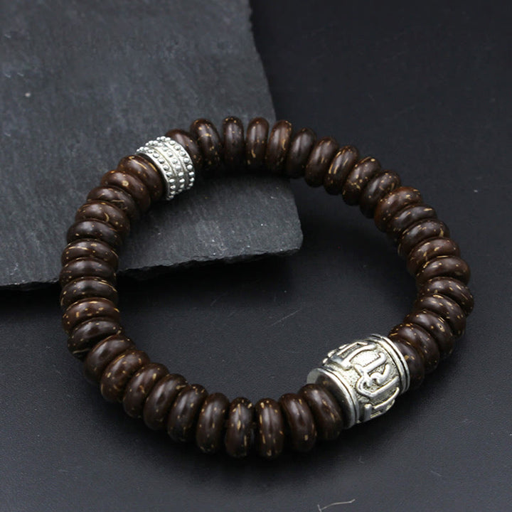Buddha Stones Natural Tibetan Coconut Shell Om Mani Padme Hum Positive Bracelet - Brown Coconut Shell&White Silver - 18-20cm - image 21