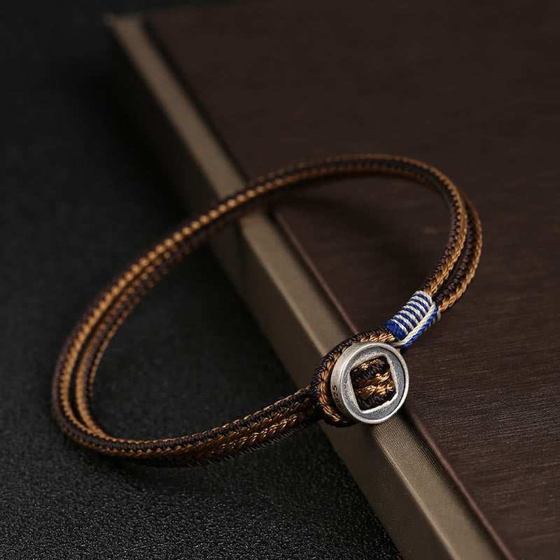 Buddha Stones  925 Sterling Silver Handmade Button Protection Weave String Bracelet - Brown - 21cm - image 4