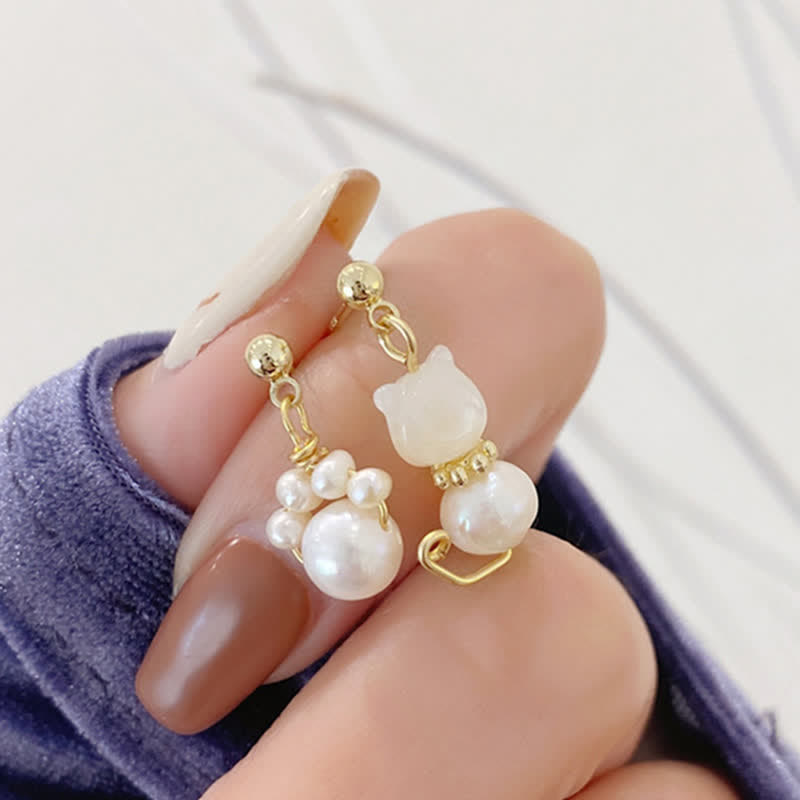 Buddha Stones Cute Cat Paw Pearl Wisdom Stud Drop Earrings - image 4