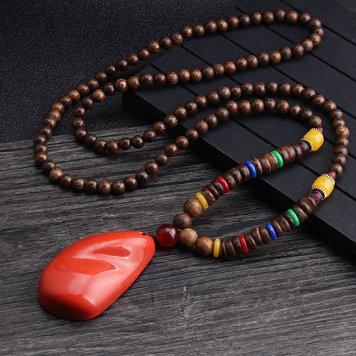 Buddha Stones Tibetan Wenge Wood Bodhi Seed Agate Balance Peace Necklace Pendant - Wenge Wood&Red Agate - image 2