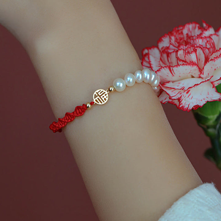 Buddha Stones 14K Gold Plated Pearl Bead Luck Protection Braid Red String Bracelet - image 16