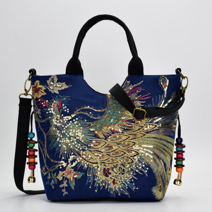 Buddha Stones Peacock Double-sided Embroidery Tote Bag Shoulder Bag Crossbody Bag - image 3