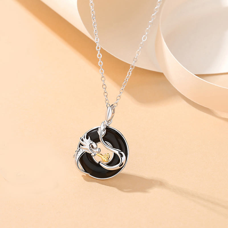 Buddha Stones 925 Sterling Silver Year of the Dragon Natural Black Onyx Chalcedony Dragon Phoenix Peace Buckle Protection Necklace Pendant - image 1