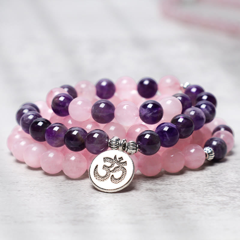 Buddha Stones Natural Rose Quartz & Amethyst Mala Bead Lotus Pendant Bracelet - Om Pendant - image 4