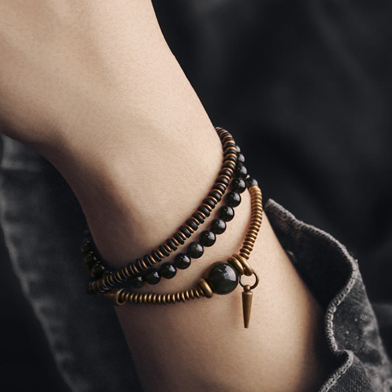 Buddha Stones Rainbow Obsidian Ebony Wood Copper Healing Triple Wrap Bracelet - image 4