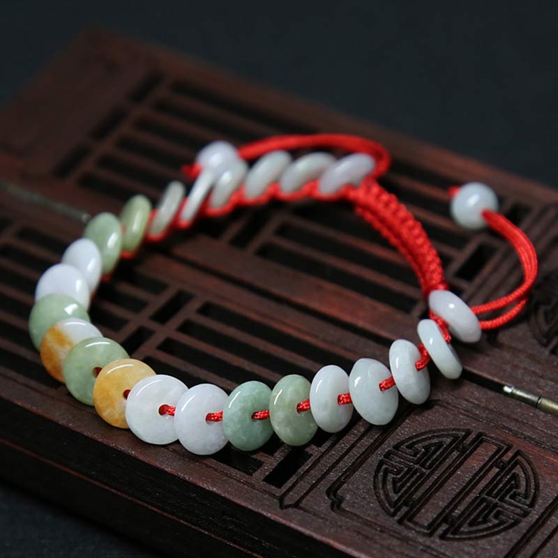 Buddha Stones Round Jade Lucky Red String Weave Bracelet - Jade(Wrist Circumference 14-20cm) - image 0