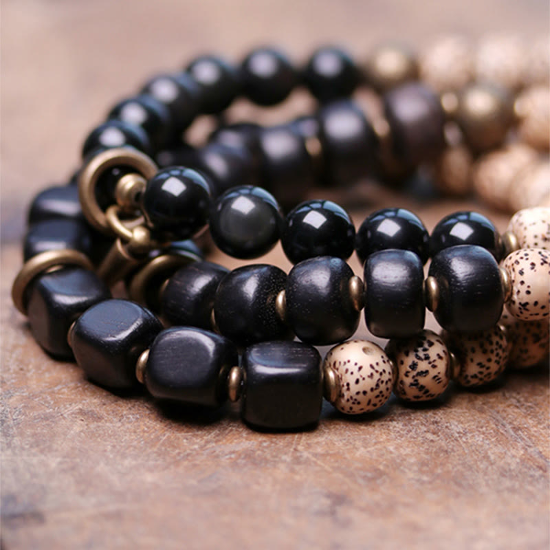 Buddha Stones Tibetan Bodhi Seed Black Obsidian Ebony Wood Copper Peace Bracelet - image 11