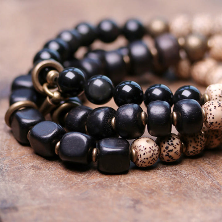 Buddha Stones Tibetan Bodhi Seed Black Obsidian Ebony Wood Copper Peace Bracelet - image 11