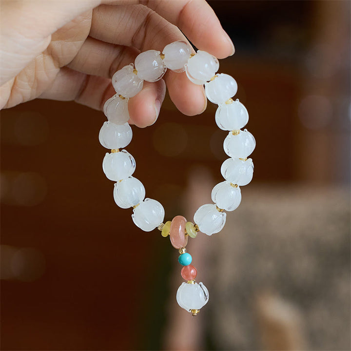 Buddha Stones Liuli Glass Bead Lotus Design Fluorite Ivory Fruit Dancing Lion Charm Enlightenment Bracelet - White Dancing Lion&Lotus(Wrist Circumference 14-16cm) - image 6