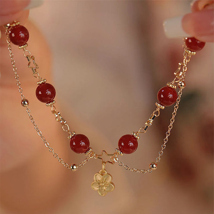 Buddha Stones 14k Gold Plated Red Agate Star Flower Charm Calm Bracelet - image 2