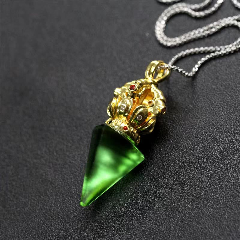 Buddha Stones Tibetan Dorje Vajra 4 Prong Lotus Liuli Crystal Strength Necklace Pendant - Green Dorje - image 6