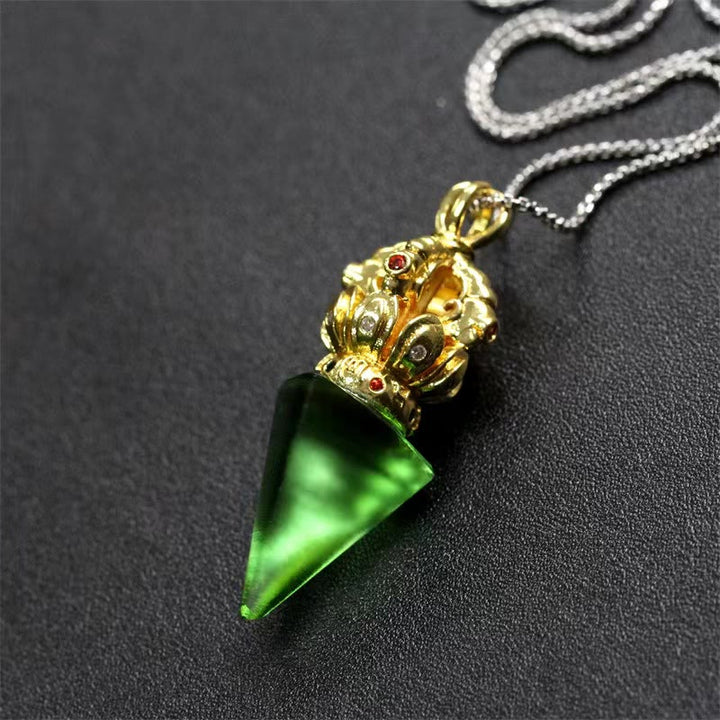 Buddha Stones Tibetan Dorje Vajra 4 Prong Lotus Liuli Crystal Strength Necklace Pendant - Green Dorje - image 6