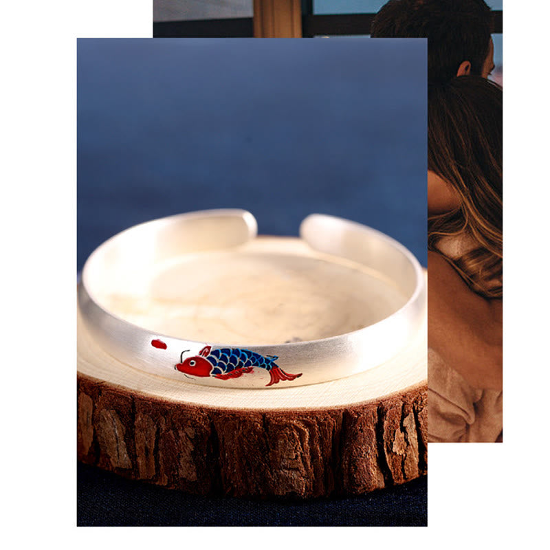 Buddha Stones 999 Sterling Silver Koi Fish Luck Cuff Bracelet Bangle - image 6