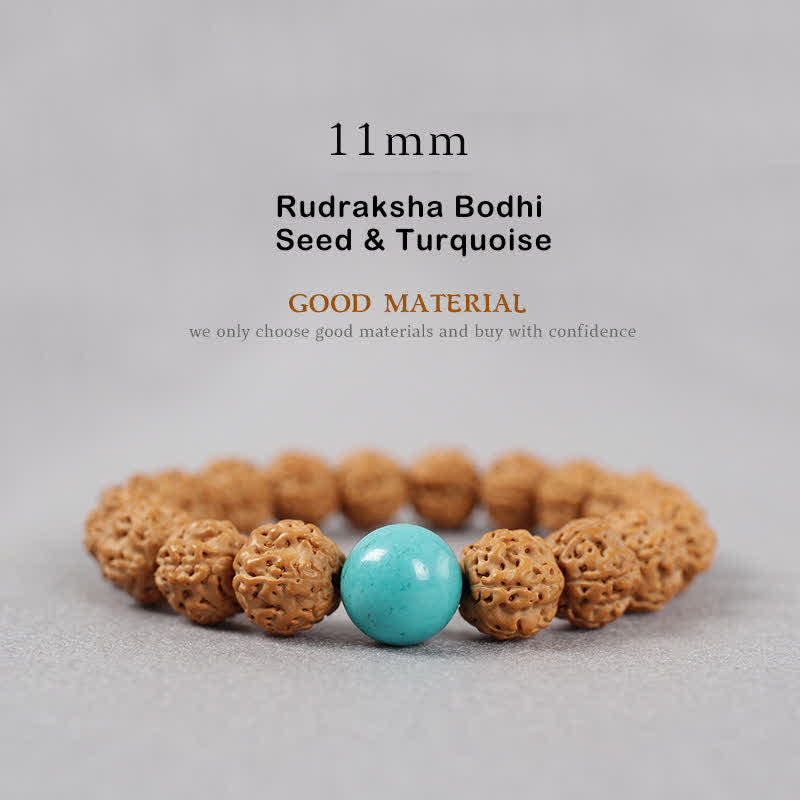 Buddha Stones Tibet Rudraksha Bodhi Seed Dzi Bead Amber Turquoise Wealth Bracelet - 11mm - Rudraksha Bodhi Seed & Turquoise - image 19