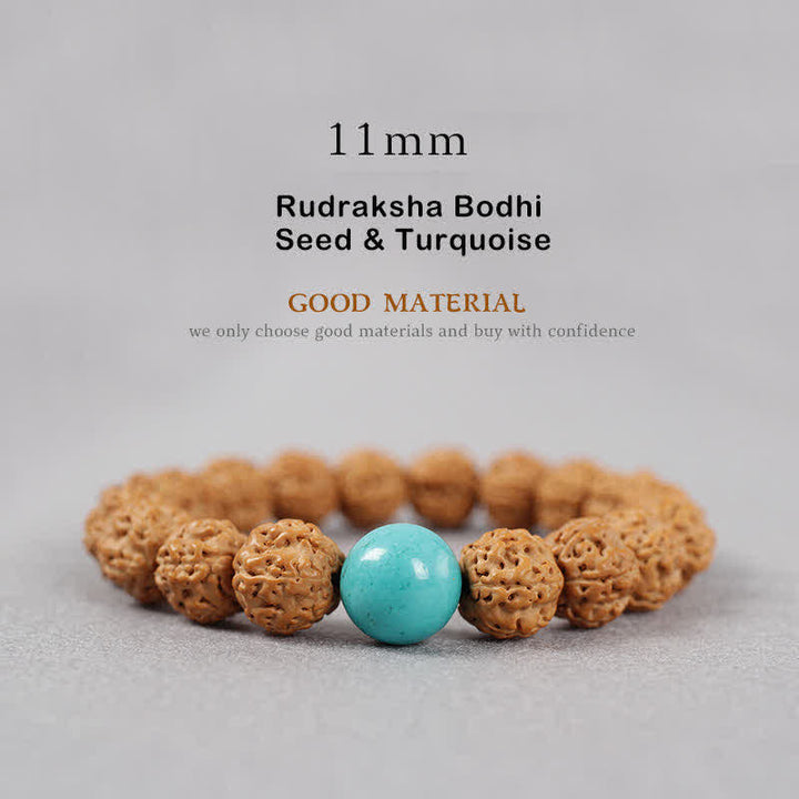 Buddha Stones Tibet Rudraksha Bodhi Seed Dzi Bead Amber Turquoise Wealth Bracelet - 11mm - Rudraksha Bodhi Seed & Turquoise - image 19