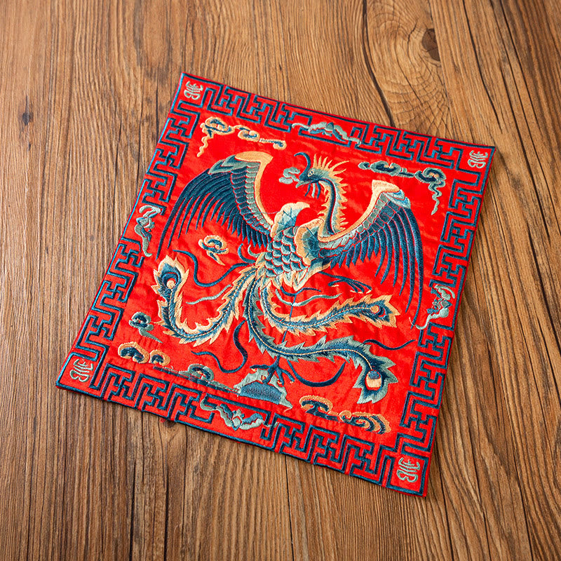 Buddha Stones Phoenix Dragon Kirin Embroidery Cup Mat Pad Tea Cup Coaster Kung Fu Tea Mat - Red Phoenix - image 27