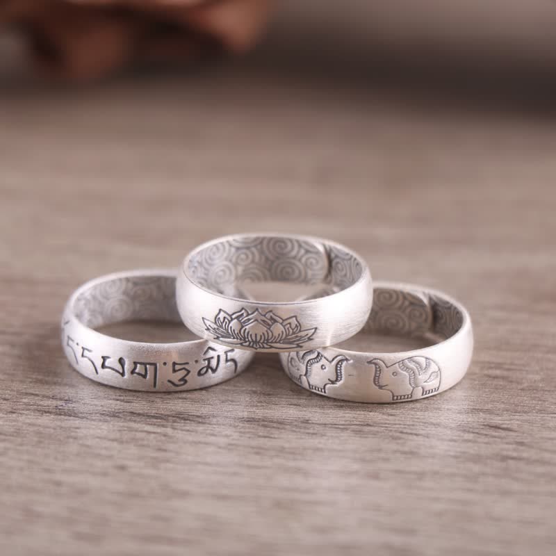 Buddha Stones 999 Sterling Silver Lotus Elephant Six True Words Blessing Ring - image 1
