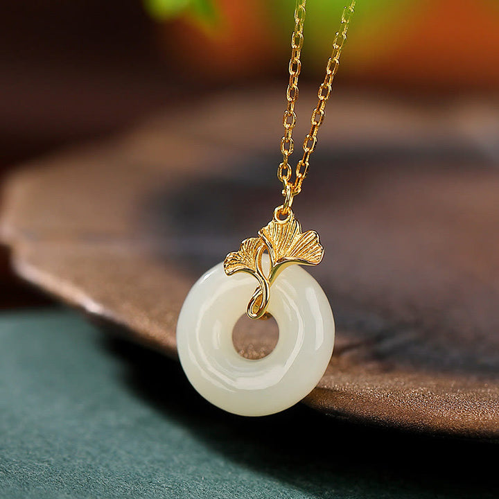 Buddha Stones 925 Sterling Silver Natural Hetian Jade Ginkgo Leaf Peace Buckle Luck Necklace Pendant - image 2