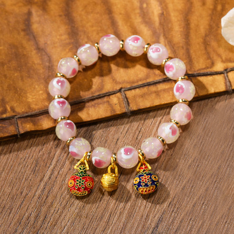 Buddha Stones Gold Swallowing Beast Family Charm Luminous Pink Love Heart Fluorescent Liuli Glass Bead Blessings Bracelet - Gold Swallowing Beast Family - image 1