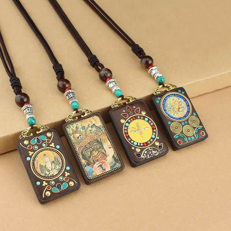 Buddha Stones Tibet God of Wealth Thangka Ebony Peace Necklace Pendant - image 15