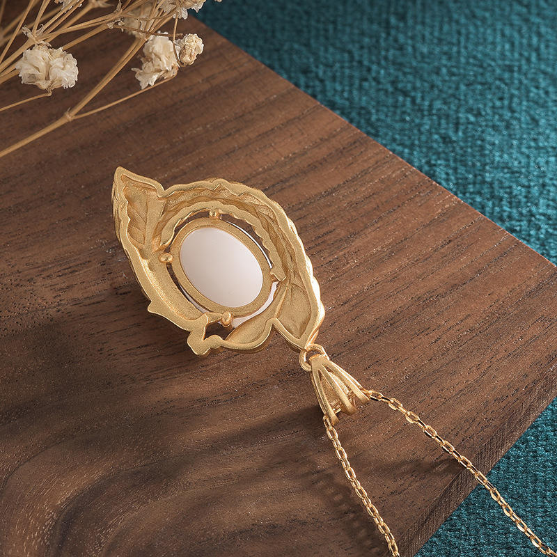 White Jade Peacock Copper Blessing Necklace Pendant - image 3