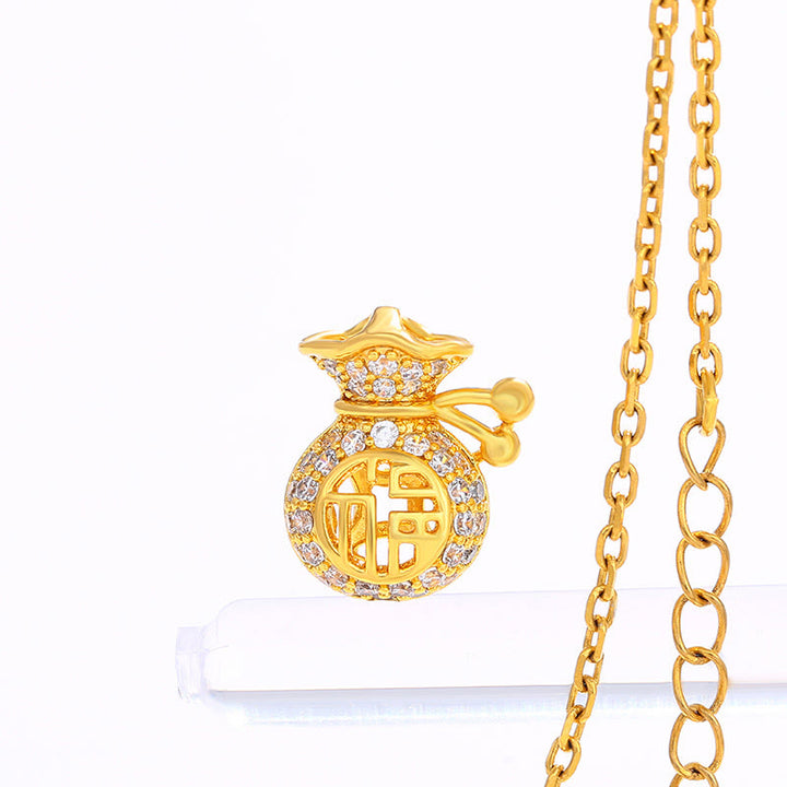 24K Gold Plated Fu Character Fortune Money Bag Necklace Pendant - image 4