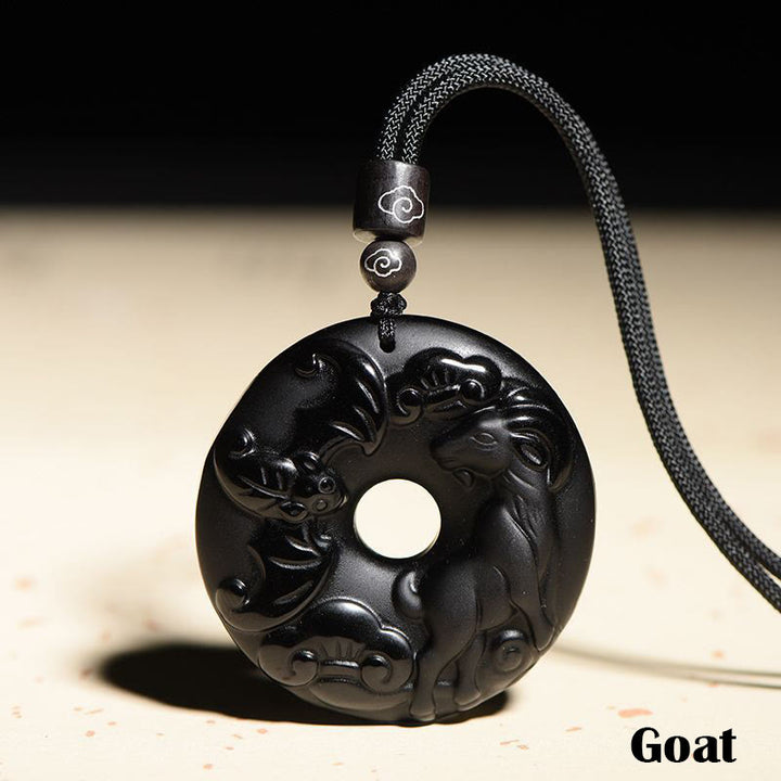 Buddha Stones Chinese Zodiac Natural Black Obsidian Peace Buckle Strength Necklace Pendant - Goat - image 18