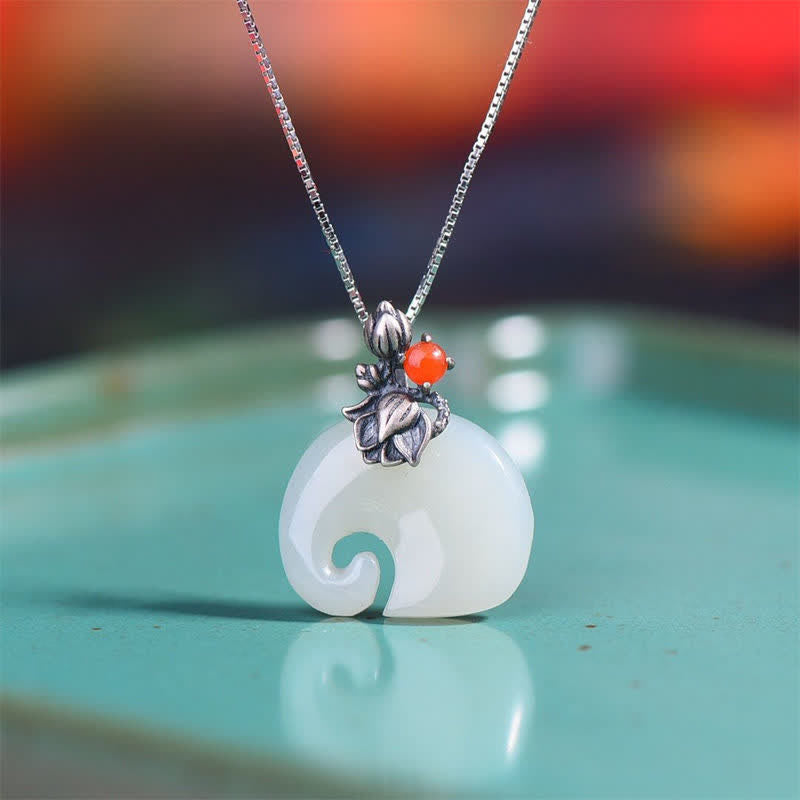 Buddha Stones White Jade Elephant Lotus Protection Necklace Pendant - image 1