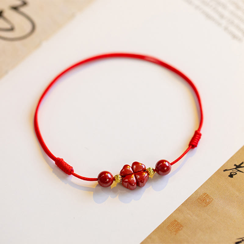 Buddha Stones Four Leaf Clover Cinnabar Blessing Calm String Bracelet Anklet - image 16