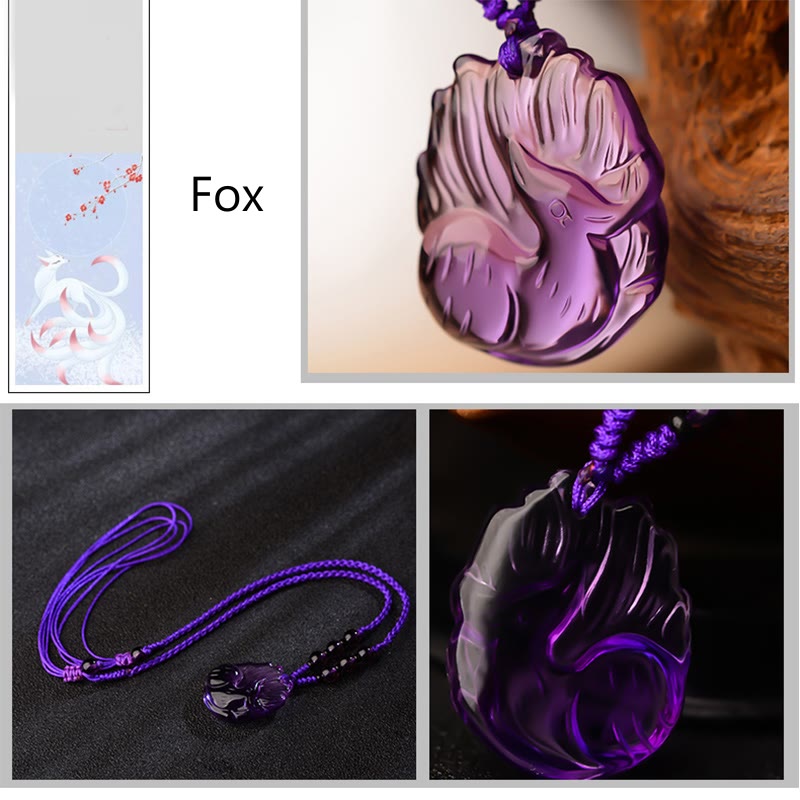 Buddha Stones Natural Amethyst White Crystal Citrine Nine Tailed Fox Luck Necklace Pendant - image 6