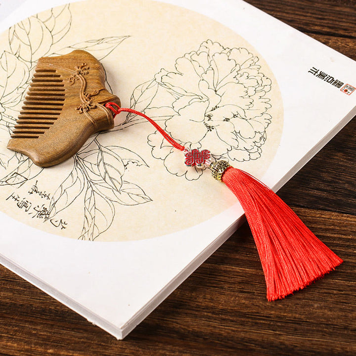 Buddha Stones Green Sandalwood Flower Pattern Engraved Soothing Comb - image 13